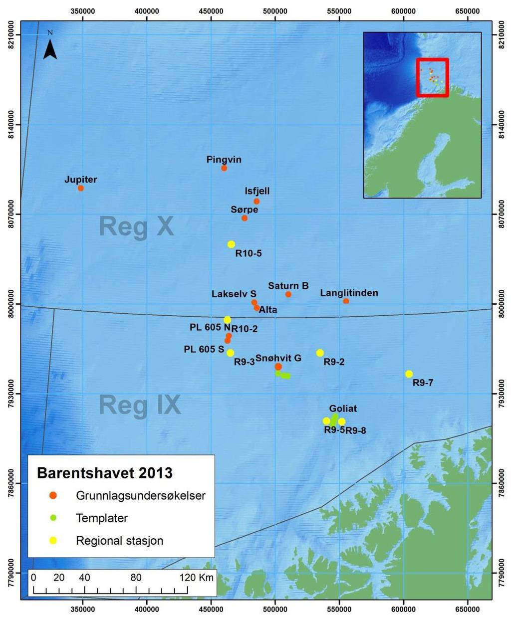 Barentshavet Kun ett felt i drift Snøhvit Goliatutbygging pågår 7 regionale stasjoner; ansees som relevante for trendovervåking av området der det er eksisterende felt samt i områder der det har vært