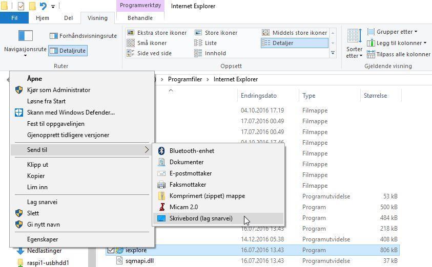 Merk "iexplore" som er programmet i nest nederste linje og høyreklikk på linja. Velg så "Send til" i menyen. Da vises: Klikk på "Skrivebord (lag snarvei)" nederst.