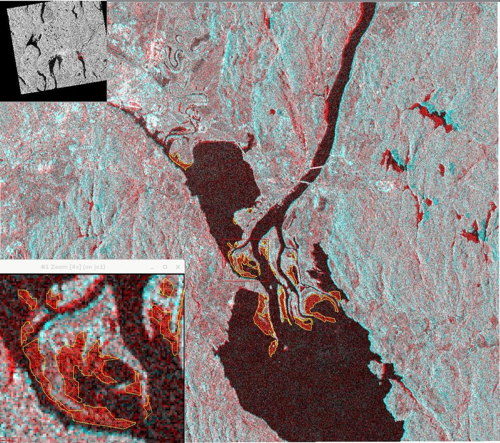 composition is generated placing the backscattering reference image (May 07, 2014) in the red component, were the image