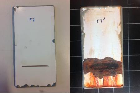 Figur 11 viser hvor alvorlig korrosjonskryp kan være i form av en maskinert stålprøve før og etter eksponering i 8 uker, i en akselerert korrosjonstest.