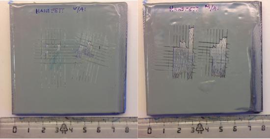 Figur 35: Prøver med hanefett, testet for tørr adhesjon. Til venstre er uten aluminium i grunningen, og til høyre er med aluminium i grunningen. Prøver uten aluminium ga best adhesjon.