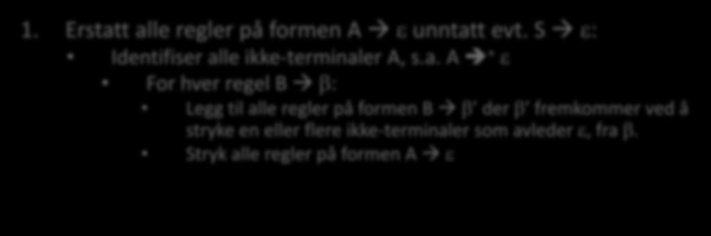 B β: Innfør A β, hvis den ikke alt finnes Fjern alle unære regler med ikke-terminal h.s. 1.