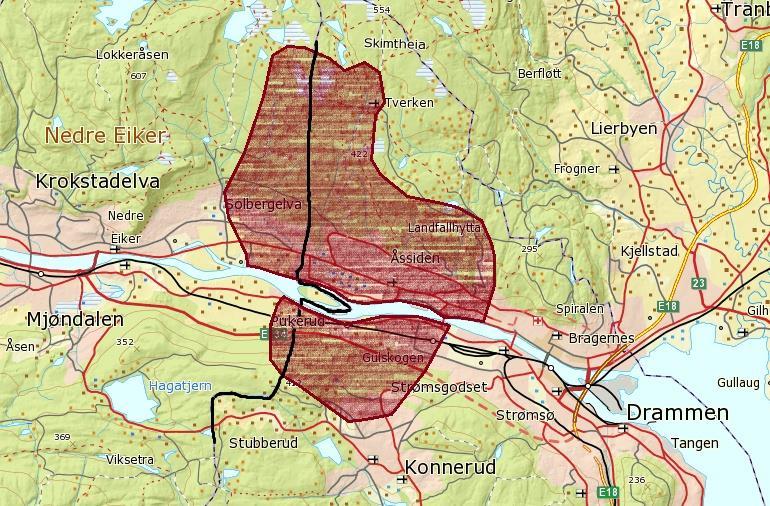 sørsiden avgrenses området rett over kommunegrensen i vest, mot elva i nord, ved Baker Thoens allé i øst og mot Konnerud i sør. Dette arealet utgjør ca. 800 ha.