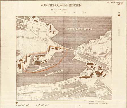 Marineholmen Bergen, skisse over militære mål rundt Puddefjorden, tegnet i oktober 1942, og bygd på etterretningsinformasjon innhentet fram til juli 1942. (SAB, materiale fra SOE, avlevert fra DKV.
