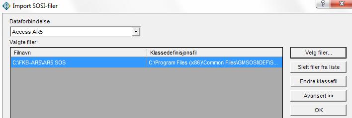 Etter å ha valgt SOSI-fil og sjekket(valgt) klassefil, startes SOSI-import med knapp OK. Nb!