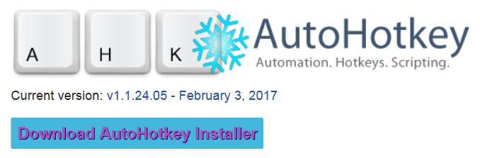 AutoHotKey-3 Installasjonsfil lastes ned fra https://autohotkey.com/ Velg deretter «Download AutoHotkey Installer» Kjøres fra alle PCer som skal kunne bruke Autohotkey.