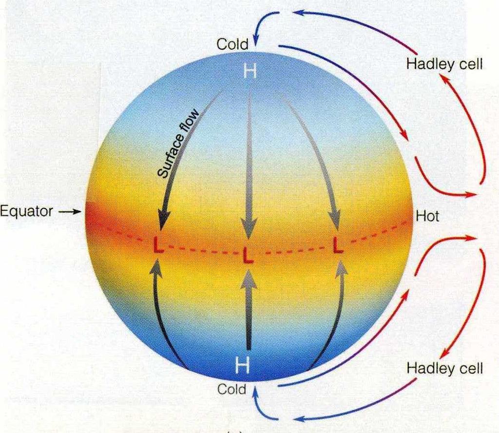 Hadleycellen Hadde jorden ikke rotert og jordaksen ikke vært tiltet (solinnstrålingene altidkraftigst over ekvator) og ingen forskjell i varmekapasitet mellom breddegradene (f. eks.