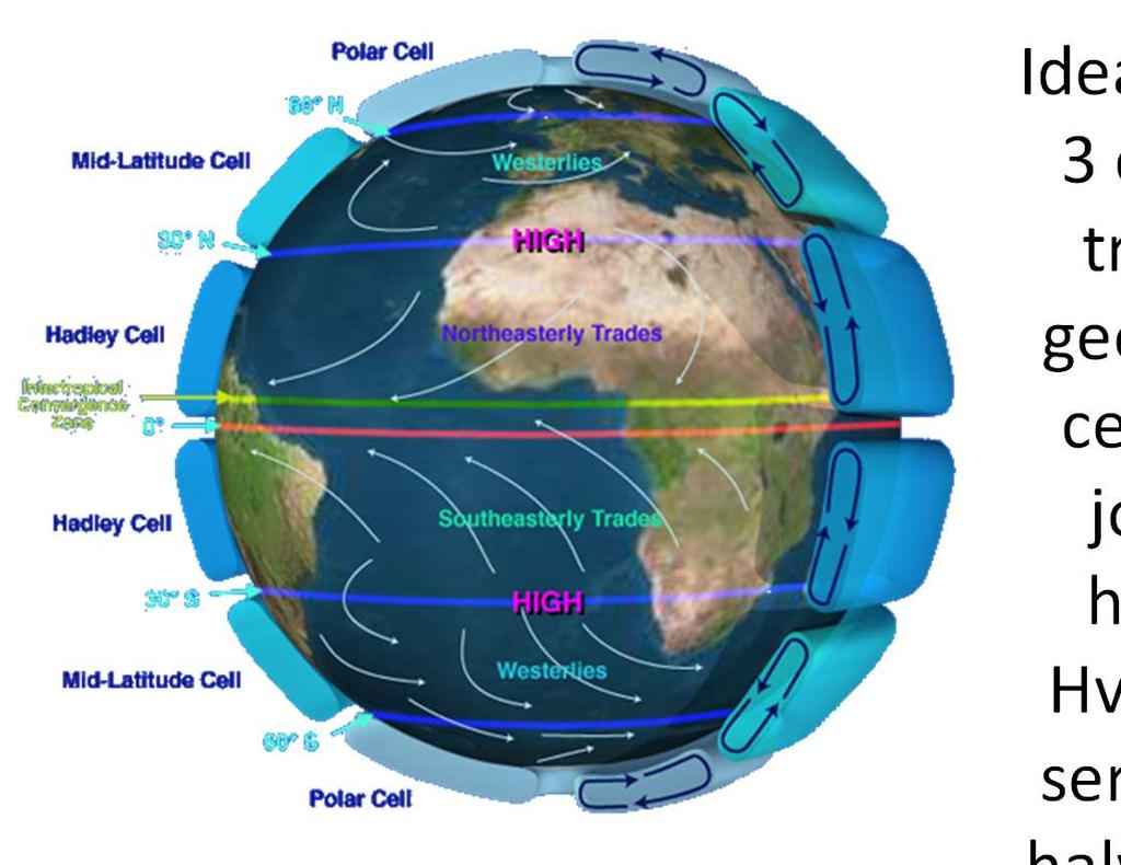 Hadleycellen På grunn av jordas rotasjon og dermed avbøyning av lufta som går mot polene er denne en-celle beskrivelsen av jordas storskala sirkulasjon ikke korrekt.