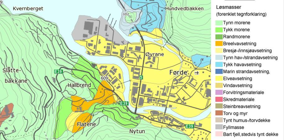 Forprosjekt Rv. 5 Storehagen bru Førde sentrum side 19 3.6 Geologi og geoteknikk I følgje NGU sitt berggrunnskart er det granitt og granittisk gneis i området.