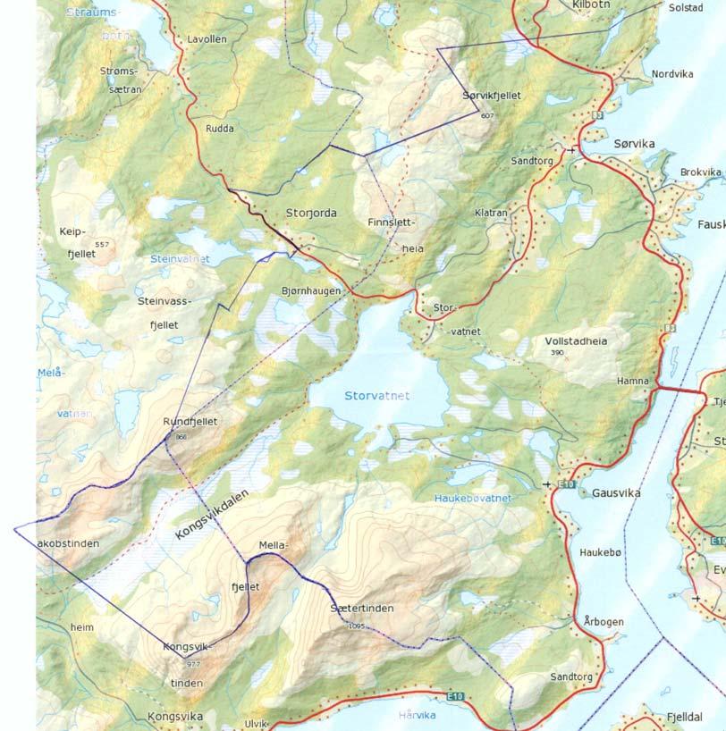 1.6 BELIGGENHET Bestandsplansområdet Elgvald Storvann Syd og Elgvald Sandtorg-Haukebø - Årbogen sitt område grenser i sørøst til eiendomsgrensen mellom Sandtorg og Hårvik, starter ved sjøen og følger
