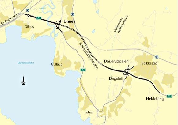 Rv 23 Dagslett-Linnes 5,5 km ny 4-felts veg 2,2 km tunnel Lokalt vegnett Gang og sykkelveger