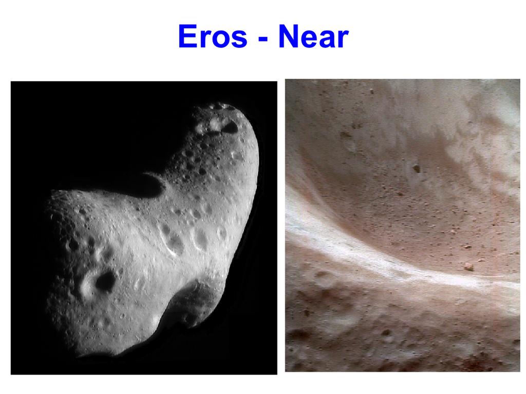 Eros og Near. Eros er studert på nært hold fra satellitten Near-Shoemaker. Den ankom Eros i år 2000. Eros er 35x13 km og til venstre ser vi hele asteroiden fra en viss avstand under innflygingen.
