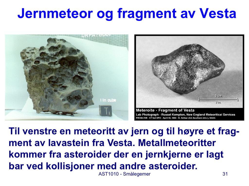 Til venstre er en meteoritt av jern og til høyre et fragment av en lavastein som man mener kan være fra Vesta.