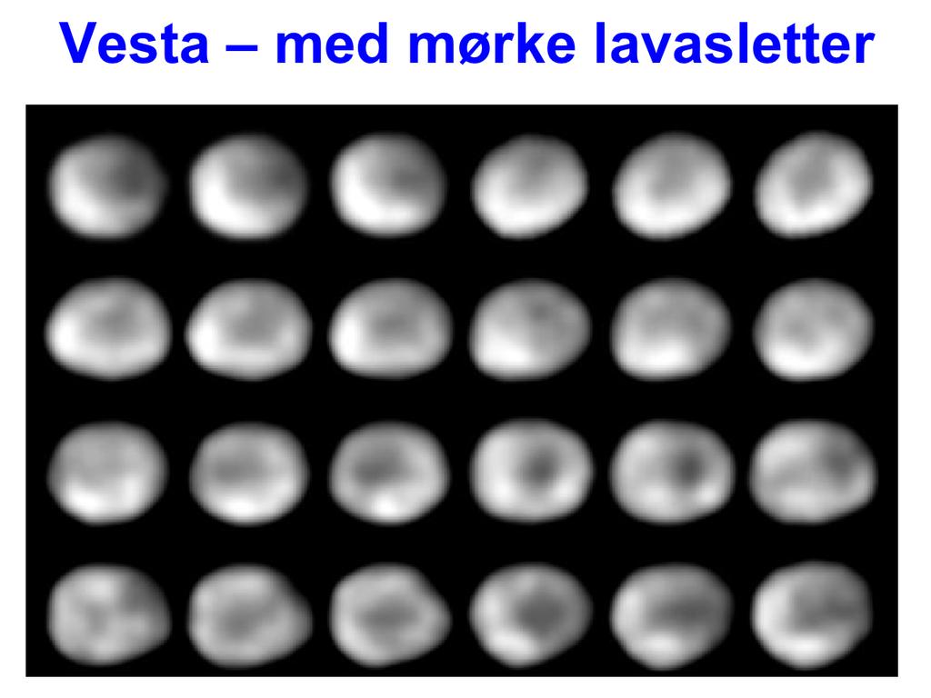 Lavasletter på Vesta. Intensiteten av lyset som reflekteres fra Vesta varier. Det kommer av at den roterer samtidig som den har mørke og lyse områder på overflaten.