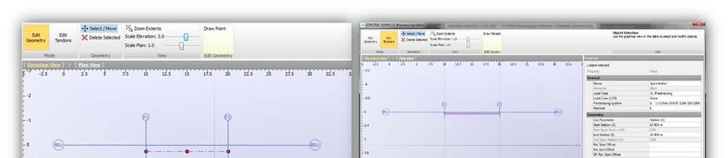 8 FE-analyse med Sofistik Del 2 Testbjelke Spennarmeringen modelleres i Sofiplus-X ved hjelp av Prestressing Editor. Spennarmeringen spennes opp fra ventre (akse P1).
