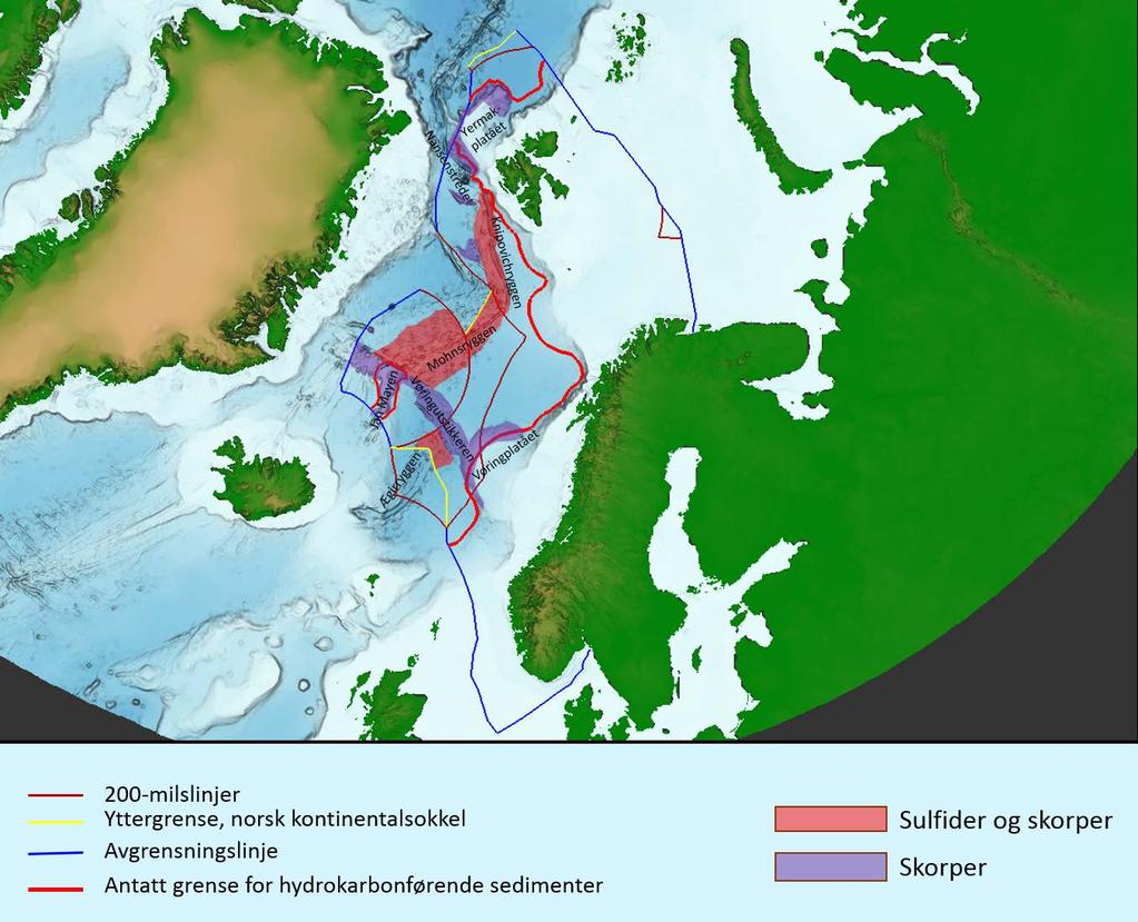 Bilde 6. Kart som viser norske havområder utenfor Fastlands-Norge, Svalbard og Jan Mayen med arealer hvor det kan forventes å forekomme havbunnsmineraler: metallsulfider og manganskorper.