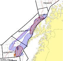 Rapport fra Sameksistensgruppen II 29 Figur 2.5: Områder som i dag antas å ha størst potensial for petroleumsressurser i Lofoten Vesterålen. Til venstre: Letemodell i jura i blått.