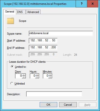 Konfigurering av DHCP scope i Windows DHCP Scope name Hvert scope har ett navn Start IP address / End IP address Området av IP adresser som er avsatt til DHCP F.eks. 192.168.52.