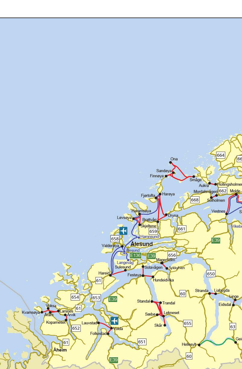 Kart med ruteoversikt Køyreavstandar i kilometer Arasvika - Sandvika 33 Aukra - Småge 11 Aure - Sandvika 31 Brattvåg - Linge 76 Brattvåg - Magerholm 39 Brattvåg - Skjeltene 11 Brattvåg - Solavågen 46