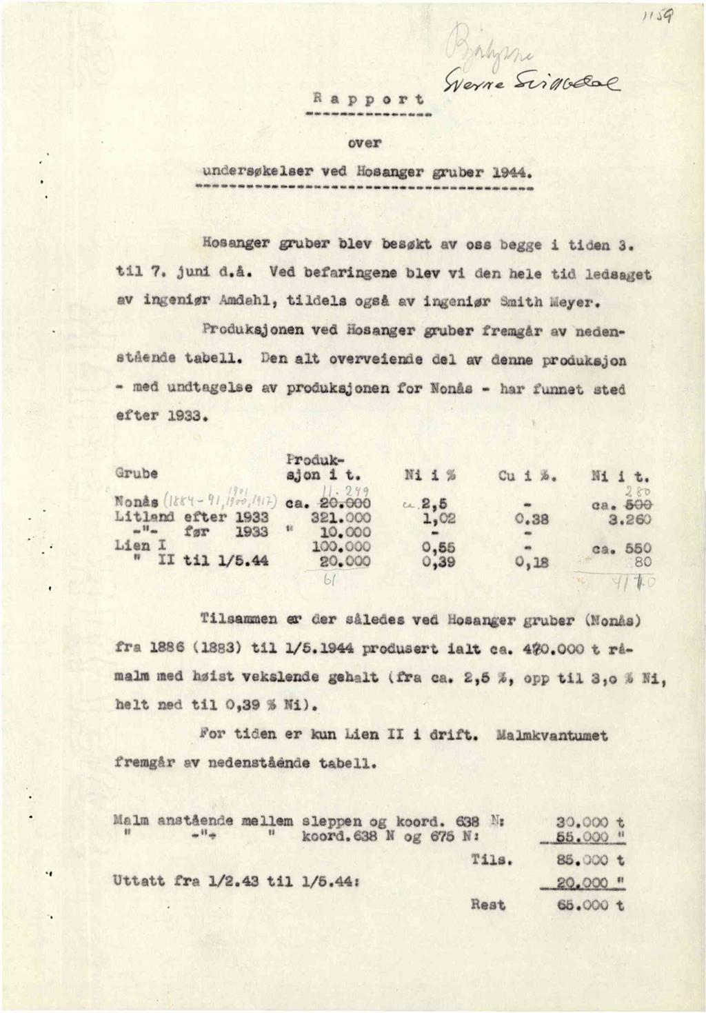 Rapport ;rey;+'- e ST-2;1 06.06, -2: over undersøkelserved Hosangergruber1944. Hosengergruberblev beaøktav oaa beggei tidan3. til 7. jund d.å.