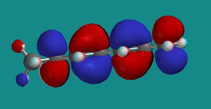 7 Figur 6: LUMO for 1,3,5-heptatriene Ved å sammenligne HOMO for heptatriene og heptan observeres det at HOMO for heptan består av sigma-bindinger, mens HOMO for heptatriene består av pi-bindinger.