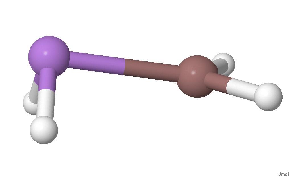 8.5). Fig.8.5 InH2AsH2 som viser hvordan arsen (lilla) og indium (brun) (og aluminium) ofte strukturerer seg.