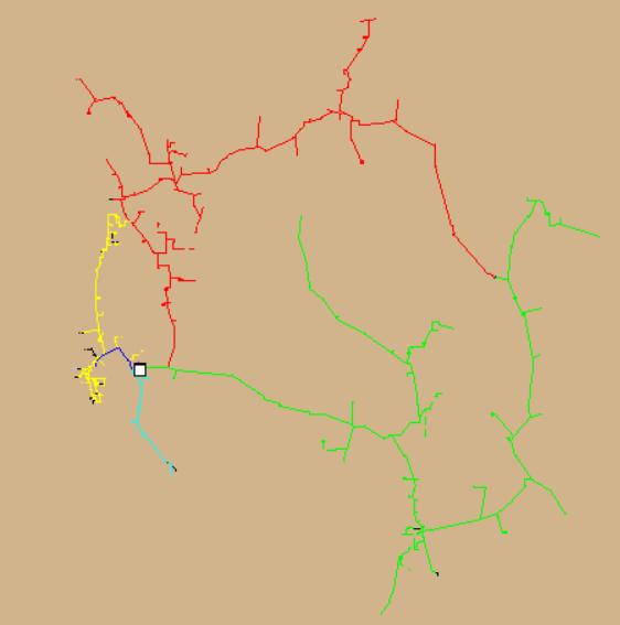Fremstilt i Figur 3-6 er nettmodellen som ligger lagret i Netbas. Linjer merket i rødt er fra relé 1-4 og ut til normaldelet. Linjer i grønt er fra 2-1 og ut til normaldelet.