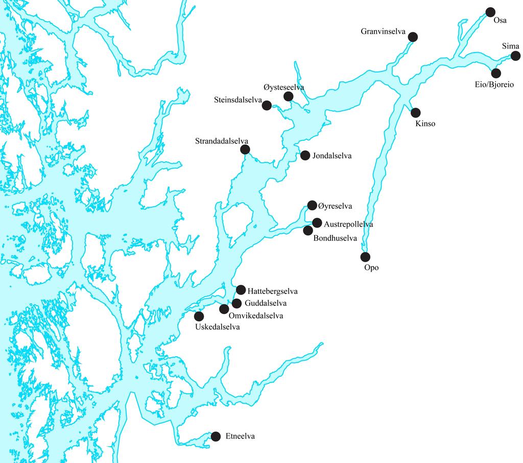 Figur 1. Kart med oversikt over vassdragene i Hardangerfjordsystemet hvor det har blitt gjennomført gytefisktellinger i løpet av perioden 2004-2007.