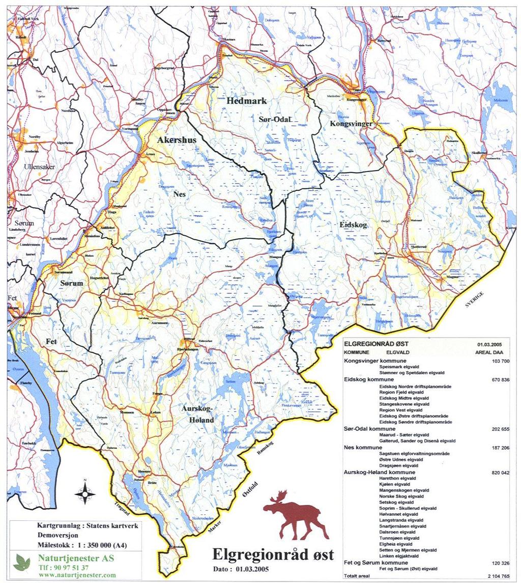 Elgregionråd Øst 2 fylker 7 kommuner 29 vald / jaktfelt 194 jaktlag ca. 2.000 jegere 2.104.105 daa.