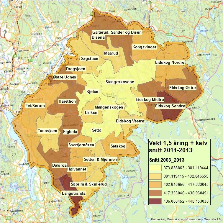 SNITTVEKT UNGDYR og KALV 2011 til 2013. Kartet viser vald / jaktfelt i ERRØ.