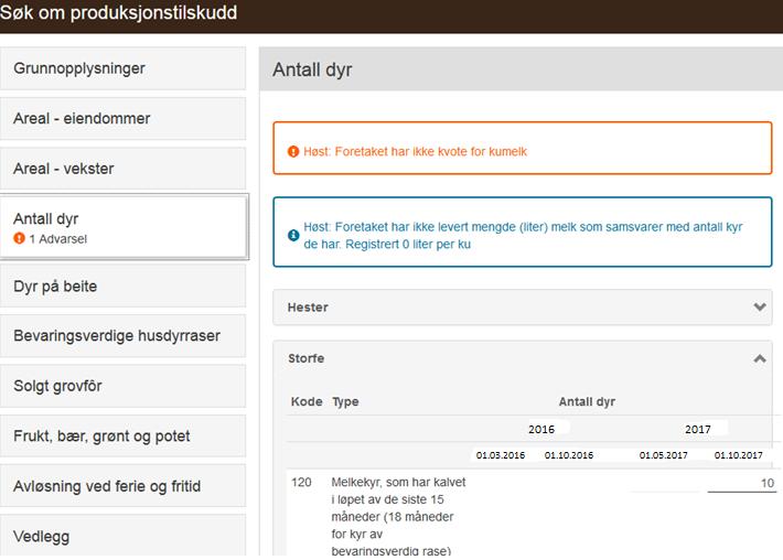 Søknaden del 2 seksjonen «Antall dyr» eksempel på varselmelding Søker registrerer melkekyr i søknaden.