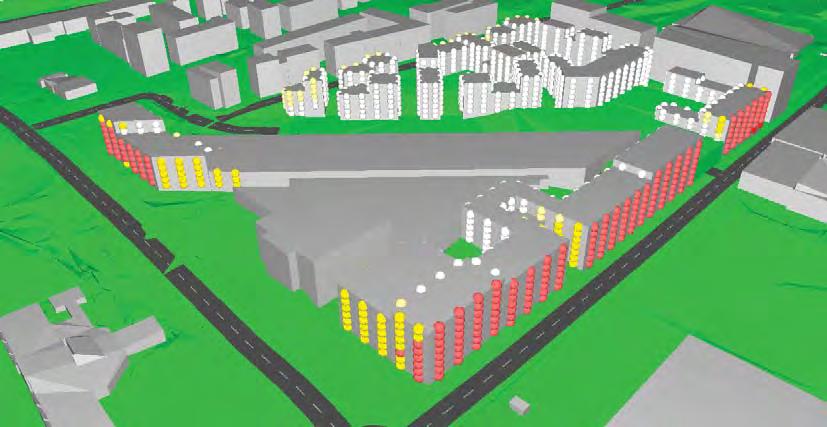 5 Beregningsresultater 5.1 Planområdet Figur 4 nedenfor viser beregningsresultater for fasader. Figur 4: 3D-oversikt hentet fra CadnaA av planlagt utbyggingsområde.