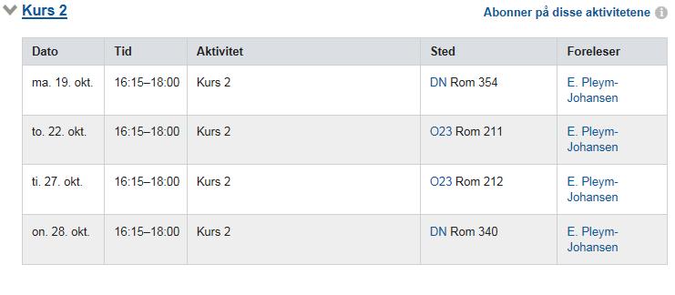 Tid og sted for kurs: