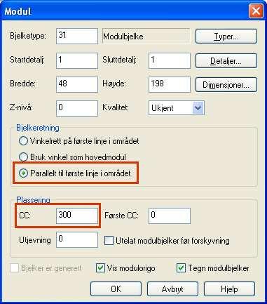 30... Kapittel 1 22.10.2009 Dialogen for det nye området med ekstra bjelker fremkommer, velg bjelkeretning parallell til første linje i området (x-aksen) og senteravstand mellom bjelkene på 300mm.