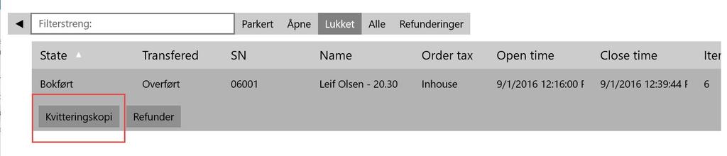 1 Ordreliste Ved å trykke på denne knappen vil du få en oversikt over ordrer som er parkert på kassen, bokført og kreditert basert på dine rettigheter.