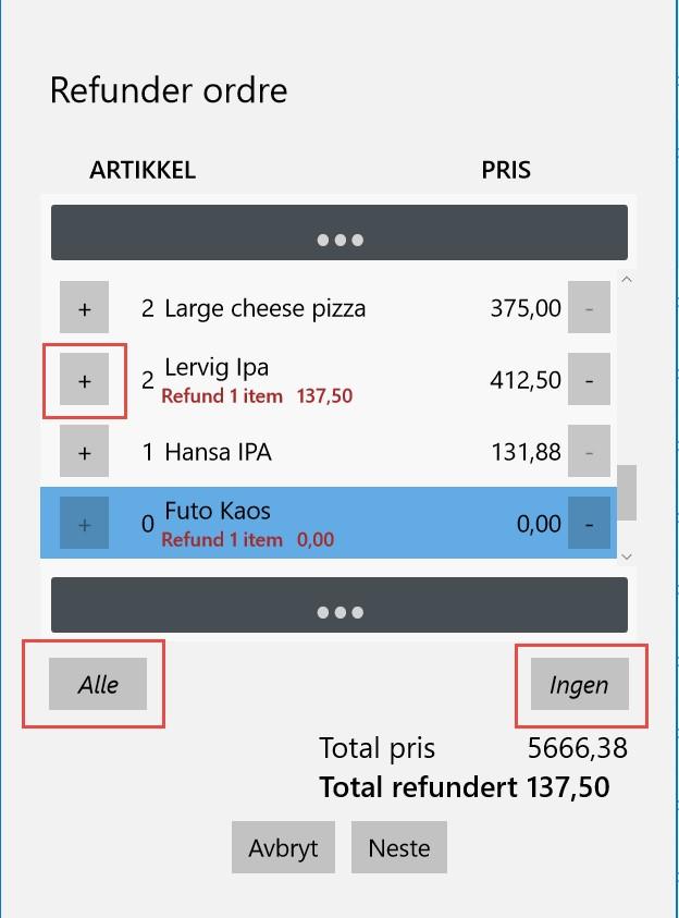 Finn ordre og trykk «refunder» knapp. Hvis du ikke ser «refunder» knappen så har du ikke rettighet til å refundere på kassen.