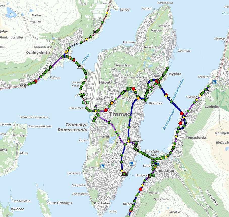 VEDLEGG Vedlegg 1: Oversikt ulykker tilknyttet Langnes, Tverrforbindelsen og tunnelsystemet i Tromsø, 2005-2012 Grønn er ulykker med lettere skadde