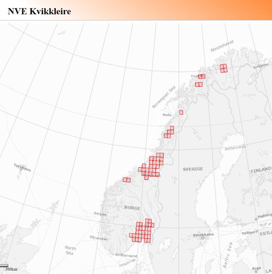 Kartlagte Kvikkleiresoner Trøndelag og Østlandet Senere år i mest befolkede områder: Troms og Nordland Utvalgte fjordområder i Møre og Romsdal.