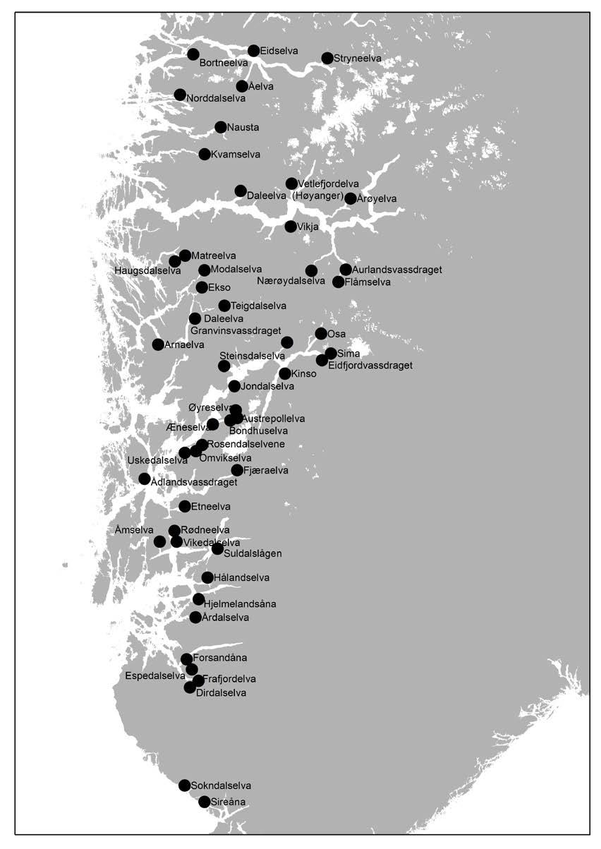 Materiale og metoder Områdebeskrivelse En oversikt over vassdragene hvor det er utført telling høsten 2016 er vist i Figur 1 