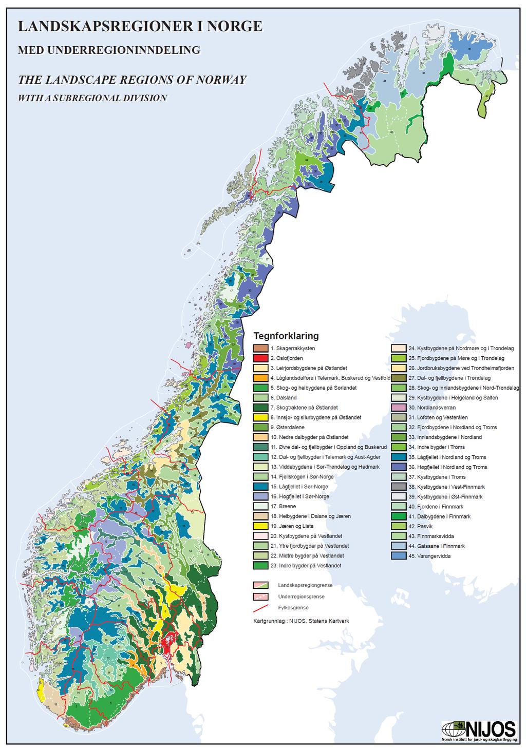 Figur 2. Kart over landskapsregioner i Norge.