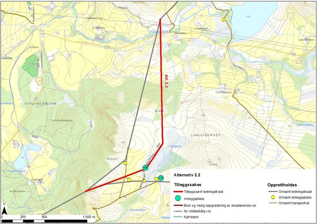 Figur 2: Alternativ 2.2 Trasejusteringen er vurdert med bakgrunn i innsigelse fra Rogaland Fylkeskommune for å trekke traseen bort fra registrerte kulturminner øst for Kolfjellet.