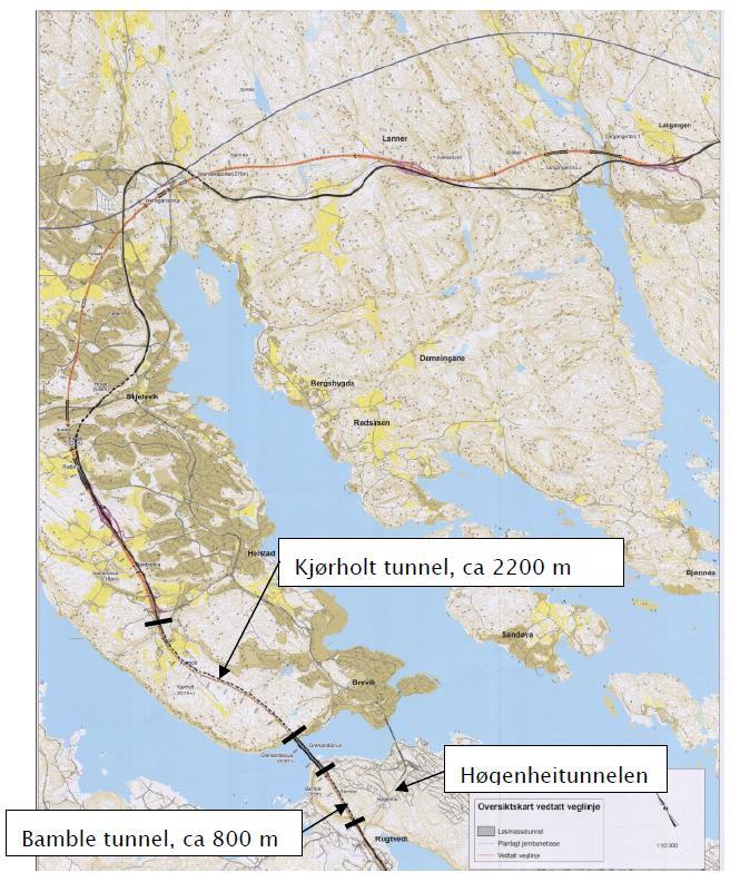 Figur 1 Plassering av kjørholt- og bambletunnelene FORENKLET