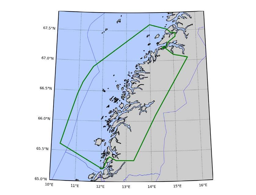 Figur 3-8 Kart over område 7. Området strekker seg fra nord for Bindal til nord for Saltfjorden. Fagrapporten skriver at det langs Helgelandskysten er jevnt med koplede anlegg.