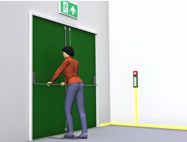 11-14 Figur 6: Dør i rømningsvei i byggverk i risikoklasse 5 og 6 må kunne åpnes manuelt med ett grep og uten bruk av nøkkel.