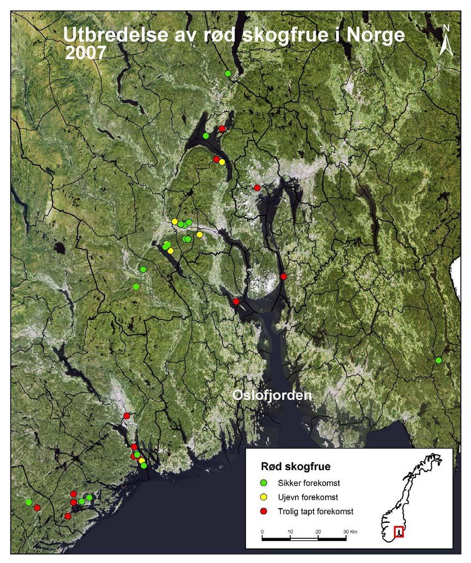 Status for rød skogfrue i Norge Den norske utbredelsen til rød skogfrue i 2007 er vist på kart (figur 5). Nøyaktig oversikt over lokaliteter med eksakt stedfesting mv.