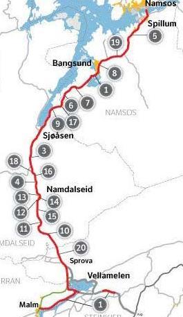 Status planlegging/bygging Tre prosjekt er under bygging: Bangsundsvingene, Sævik Spillumshøgda, Årgård bru 13 prosjekt er under planlegging (markert med lysegrønt) For