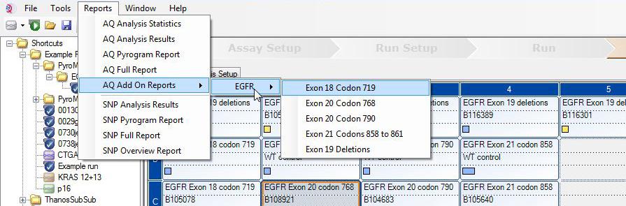 kodon 790), Exon 21 Codons 858 to 861 (Ekson 21, kodon 858 til 861) eller Exon 19 Deletions (Ekson 19-delesjoner) fra Reports i menyen (figur 1). Figur 1.