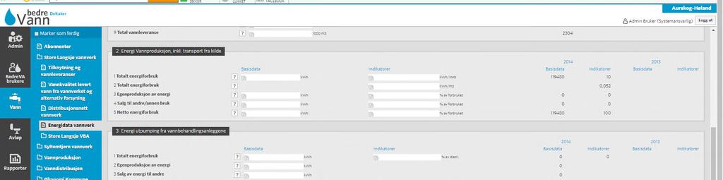 4. Energidata vannverk (kwh) Energidata for vannproduksjon registreres på vannbehandlingsanleggene/vba og summeres i dette skjemaet.