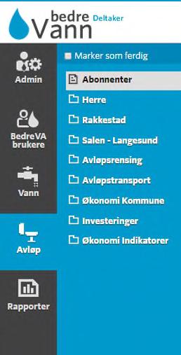 7. Rapportering kommuner avløp 7.1 Hovedmeny avløp Før oppstart av rapporteringen må kommunens hovedansvarlig (bedrevann ansvarlig) logger seg inn og opprette brukere som skal rapportere. (jfr.