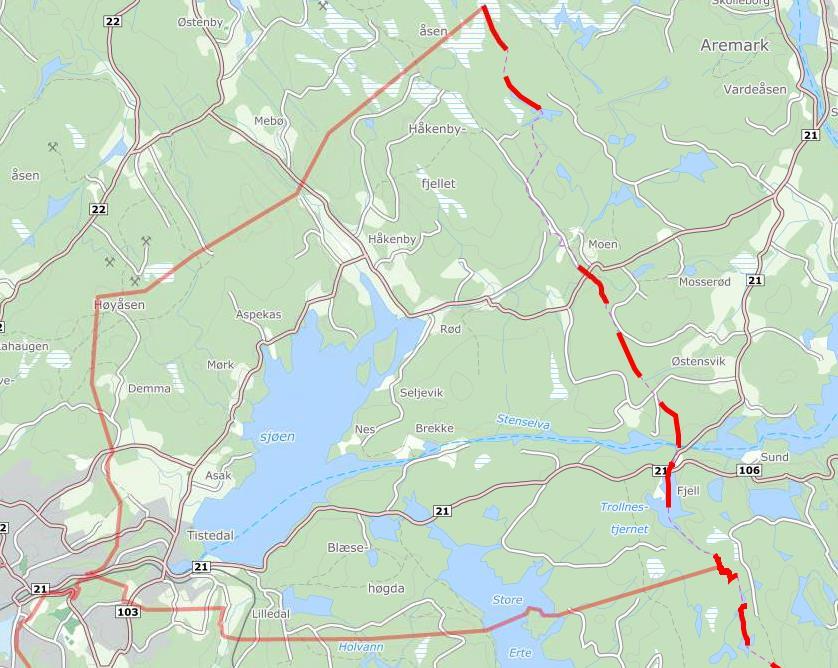 Tistedal skole (med forsterket avdeling på barnetrinnet): Syd-vest mot nord-øst: grense med heltrukken